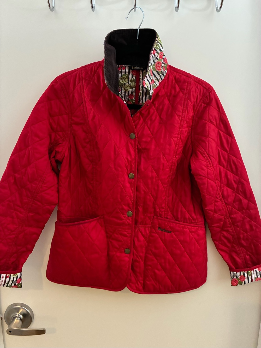 Barbour Red Quilted Women's Puffer Jacket with Floral Trim 8